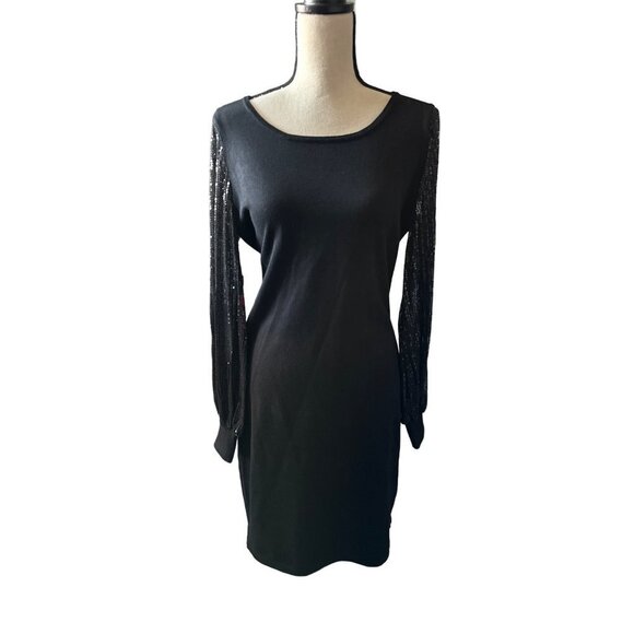 Nina Leonard Dresses & Skirts - NWT Nina Leonard Dress Black Sheer Sequin Sleeves Knit Full Evening Size Large